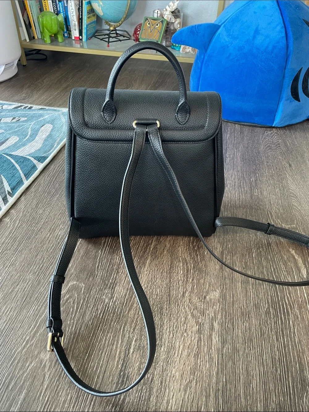 kate spade black pebbled leather flap backpack with top handle